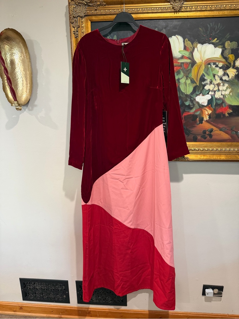 Tuckernuck Long-Sleeve Velvet & Satin Colorblock Midi Dress - Wine, Pink, Red